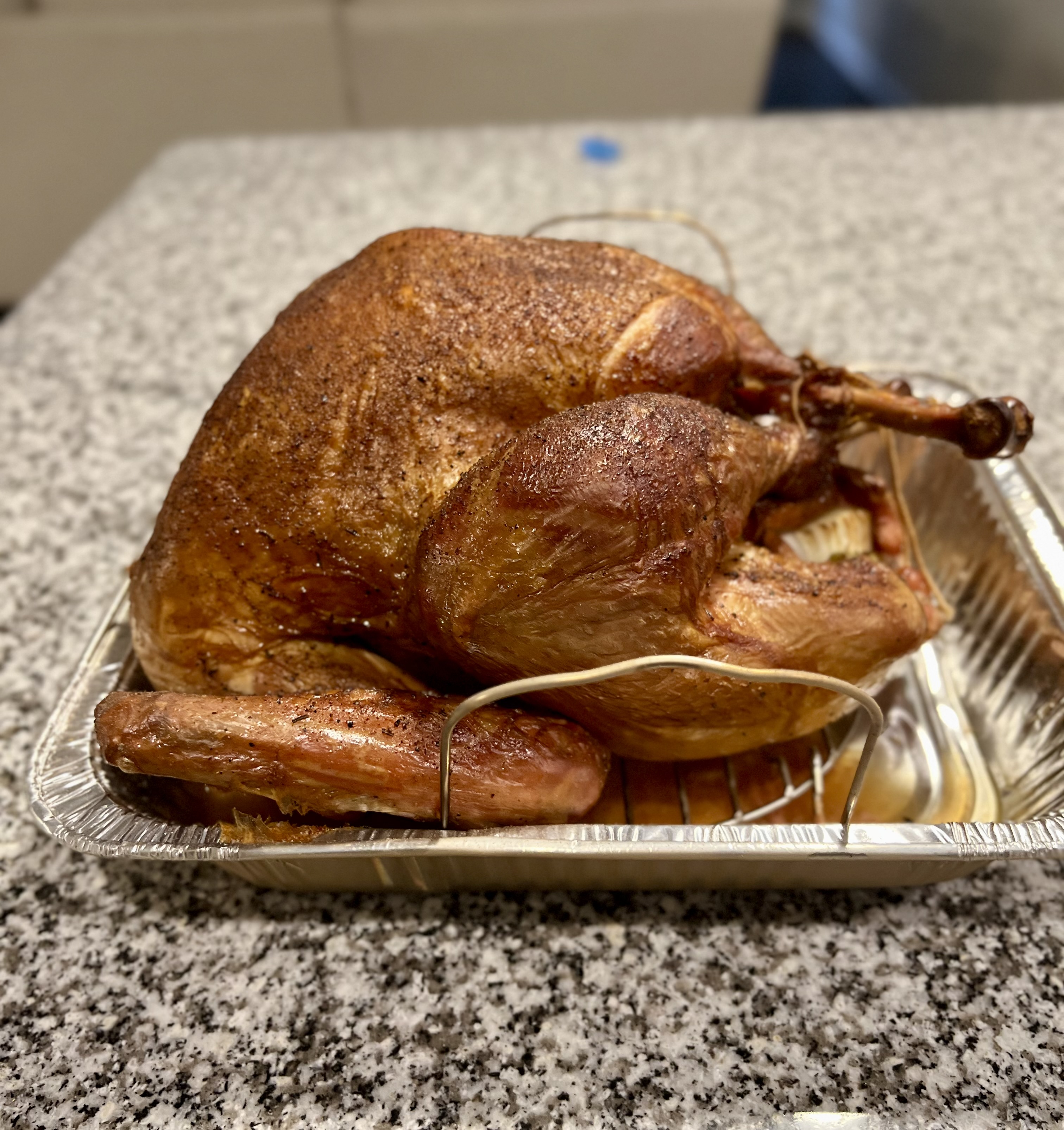 Side profile of an incredible, pellet grill Christmas turkey. After brine, drying and cooking